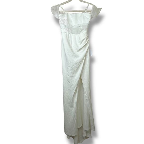 Lulus NWT Profound Glamour Ivory White Pearl Off-the-Shoulder Tulip Maxi Dress - Picture 3 of 11
